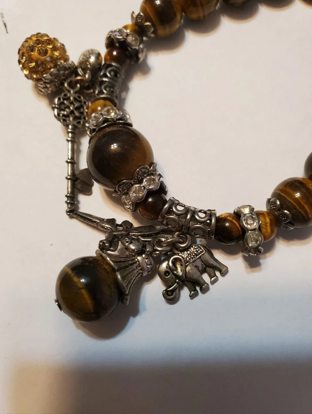 Womens Faux Tiger's Eye Stretchy Beaded Charm Bracelet‎ Brown & Gold